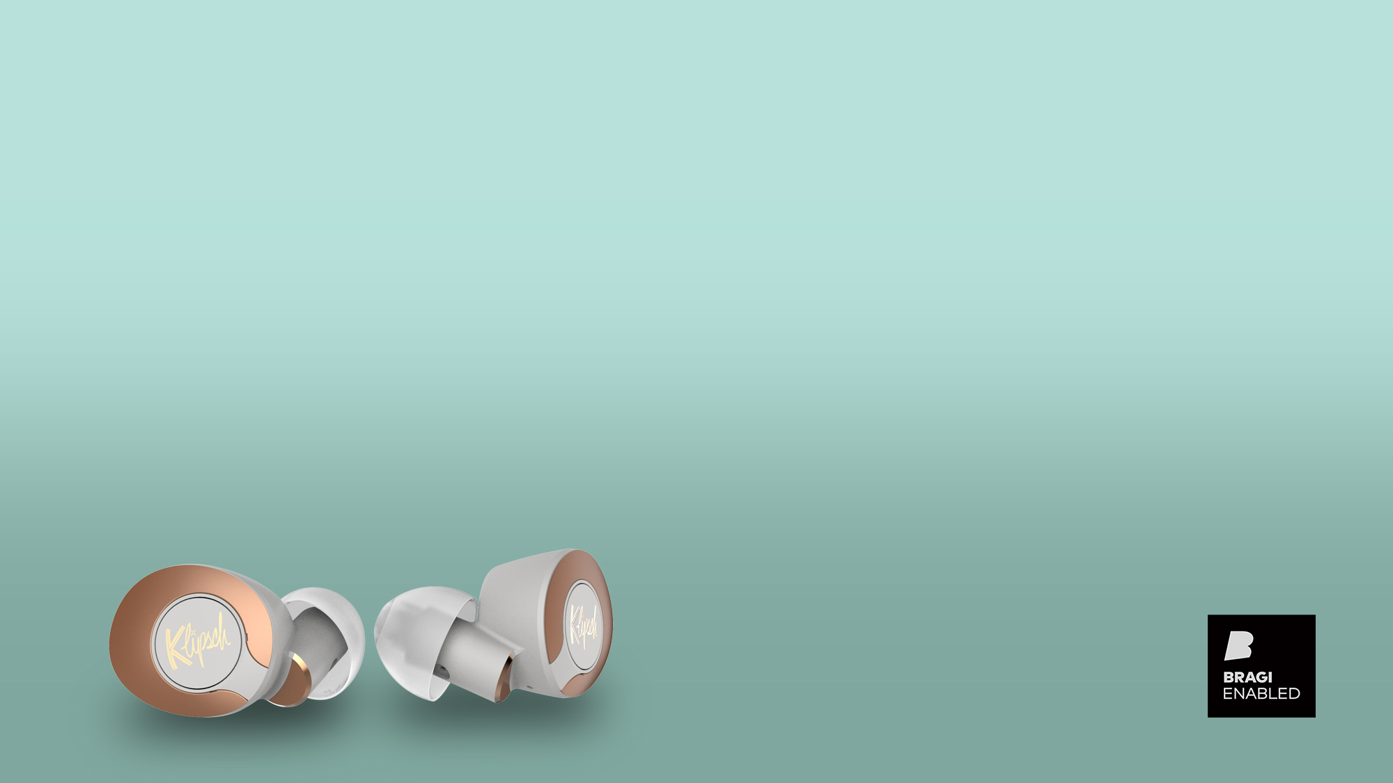 Klipsch T5 II True Wireless ANC Earphones and a Bragi Enabled logo on a sea foam green background Desktop