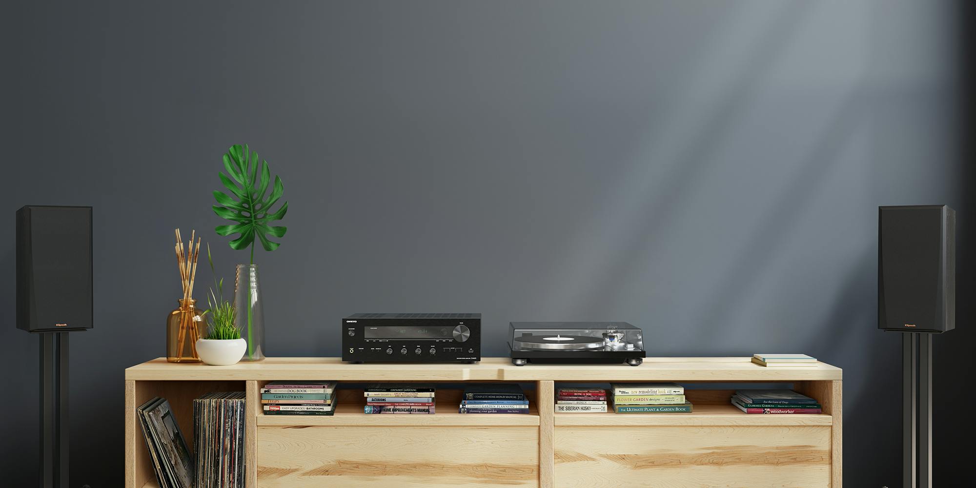 Onkyo Black TX 8470 and RP 600 M On Modern Media Console on Grey Wall 2000x1000