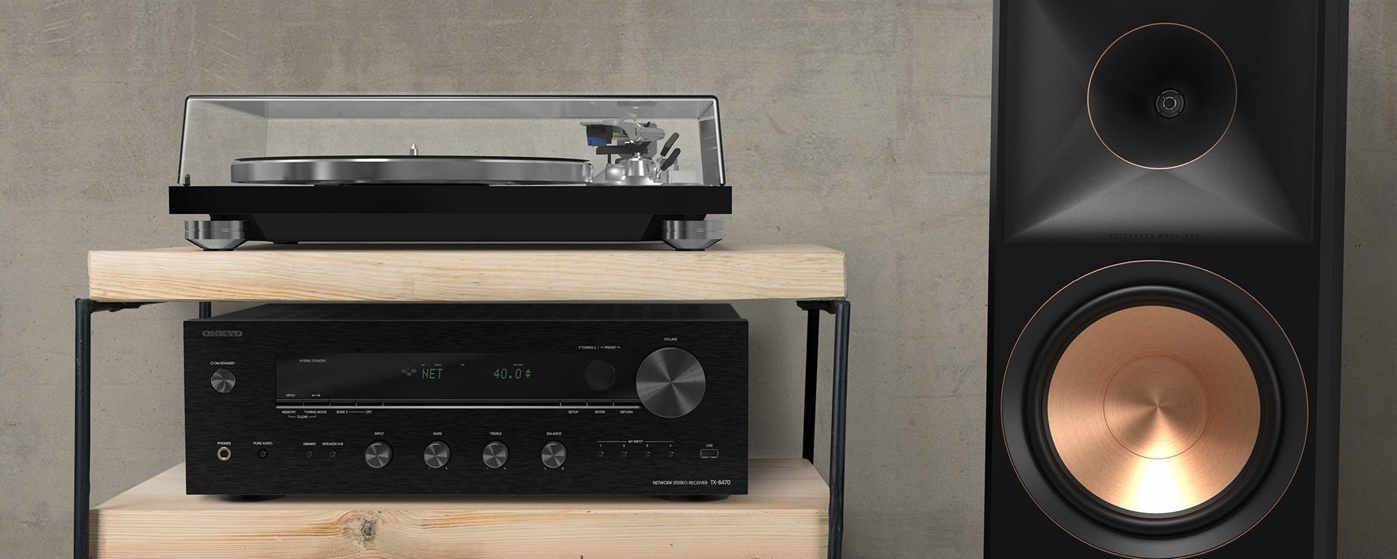 Onkyo Black TX 8470 MDC on Rack and RP 8000 F Beside 2000x800