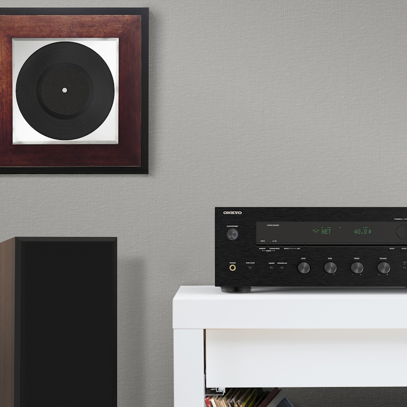 Onkyo TX 8470 MDC and Klipsch RP 5000 F Beside Record Art 2000x2000