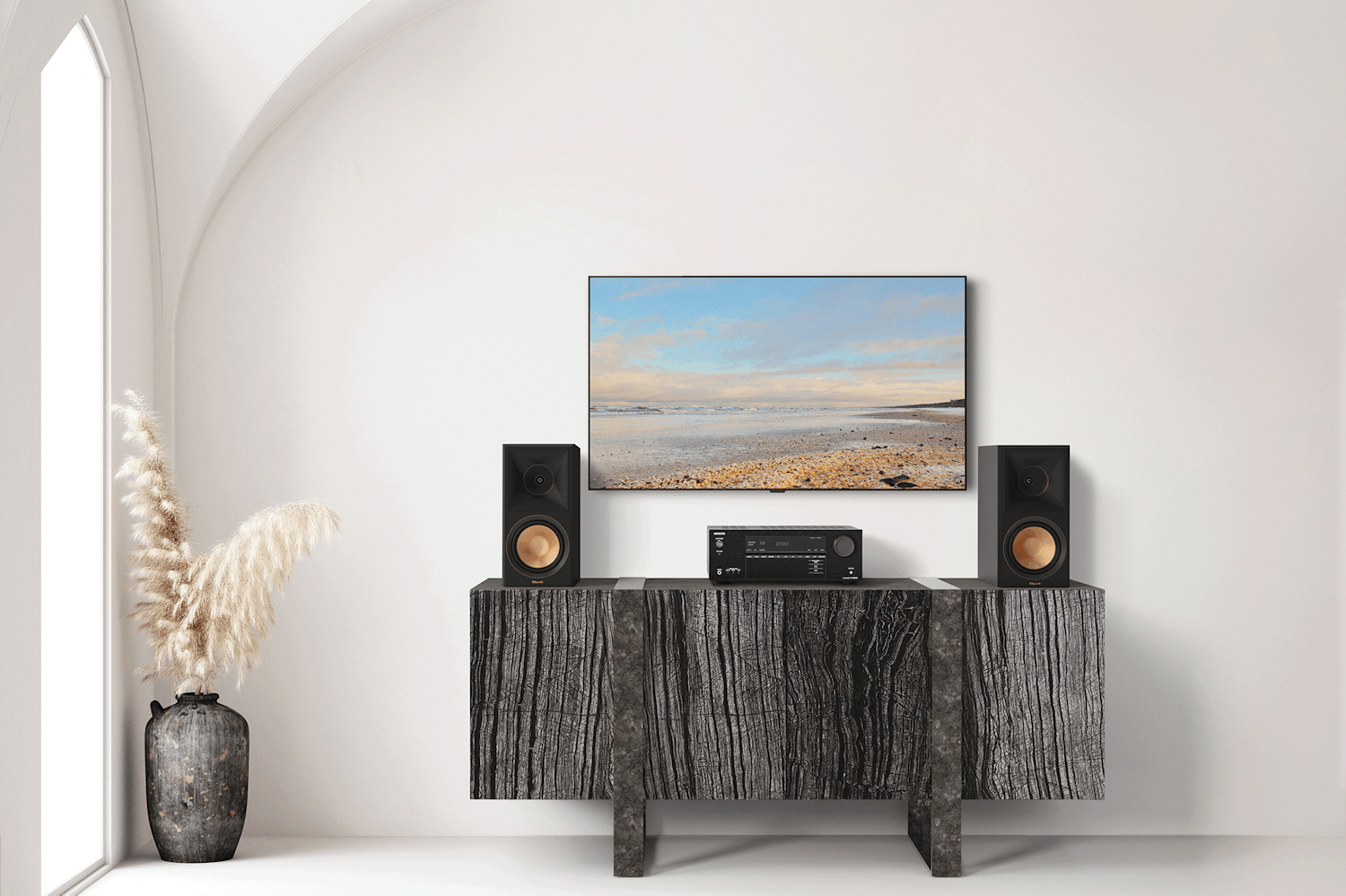 Onkyo TX NR5100 Klipsch RP600 M on Beautiful Side Table 2000x1333
