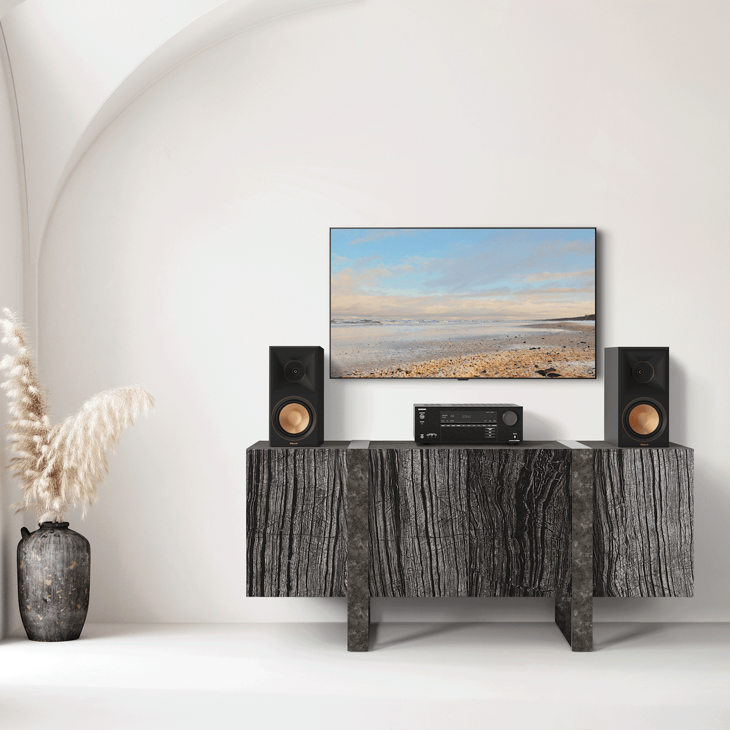 Onkyo TX NR5100 Klipsch RP600 M on Beautiful Side Table 2000x2000