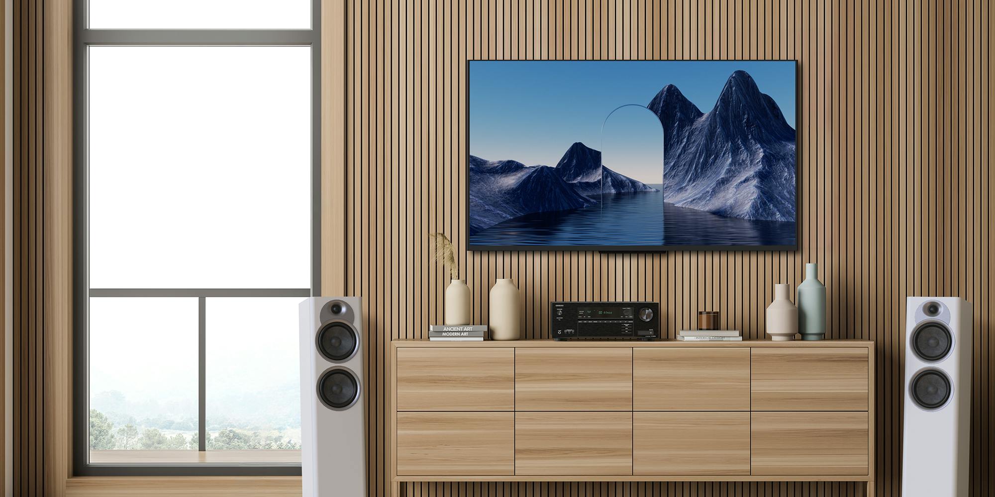 Onkyo TX SR3100 and Jamo S7 25 F in modern room 2000x1000