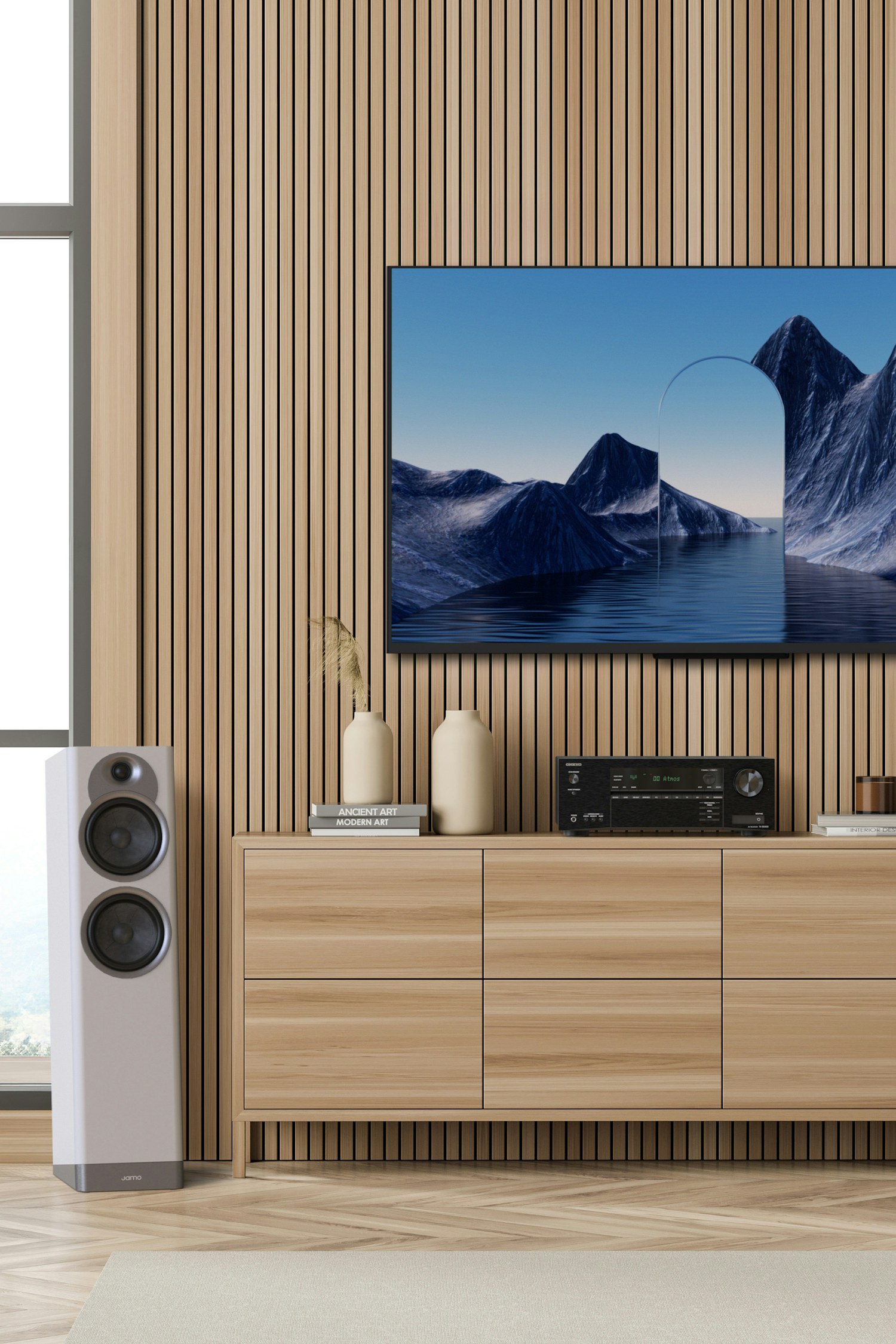 Onkyo TX SR3100 and Jamo S7 25 F in modern room 2000x3000