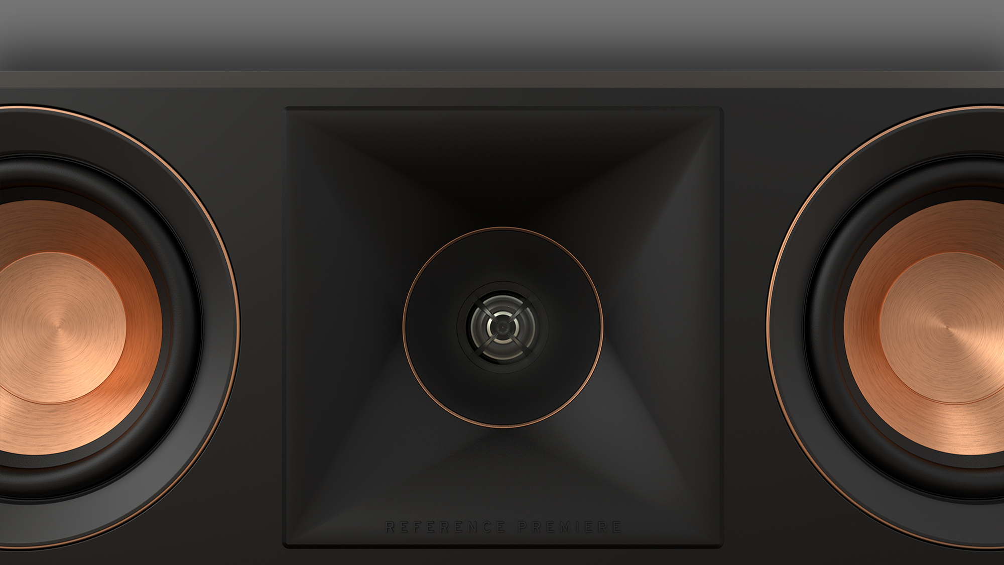 RP 404 C II Close up of horn with copper woofers at the side on a grey background