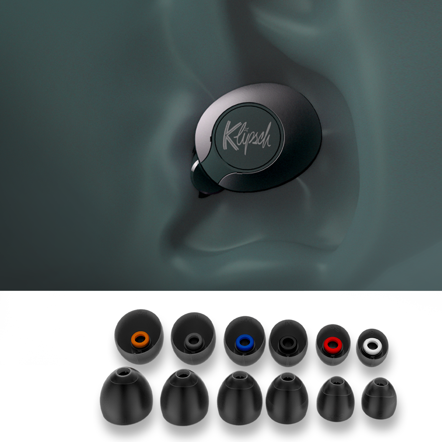 Six pairs of Color Coded oval comfort fit ear tips under an illustration of a Klipsch T5 II True Wireless ANC Earphone positioned in an ear Mobile updated