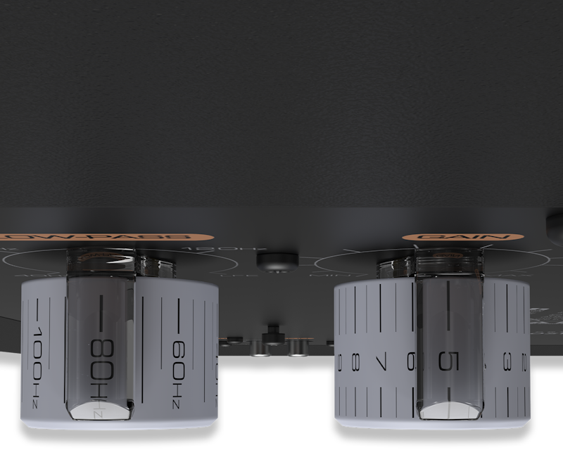 Top down view of knobs on the amplifier of an RP 1000 SW