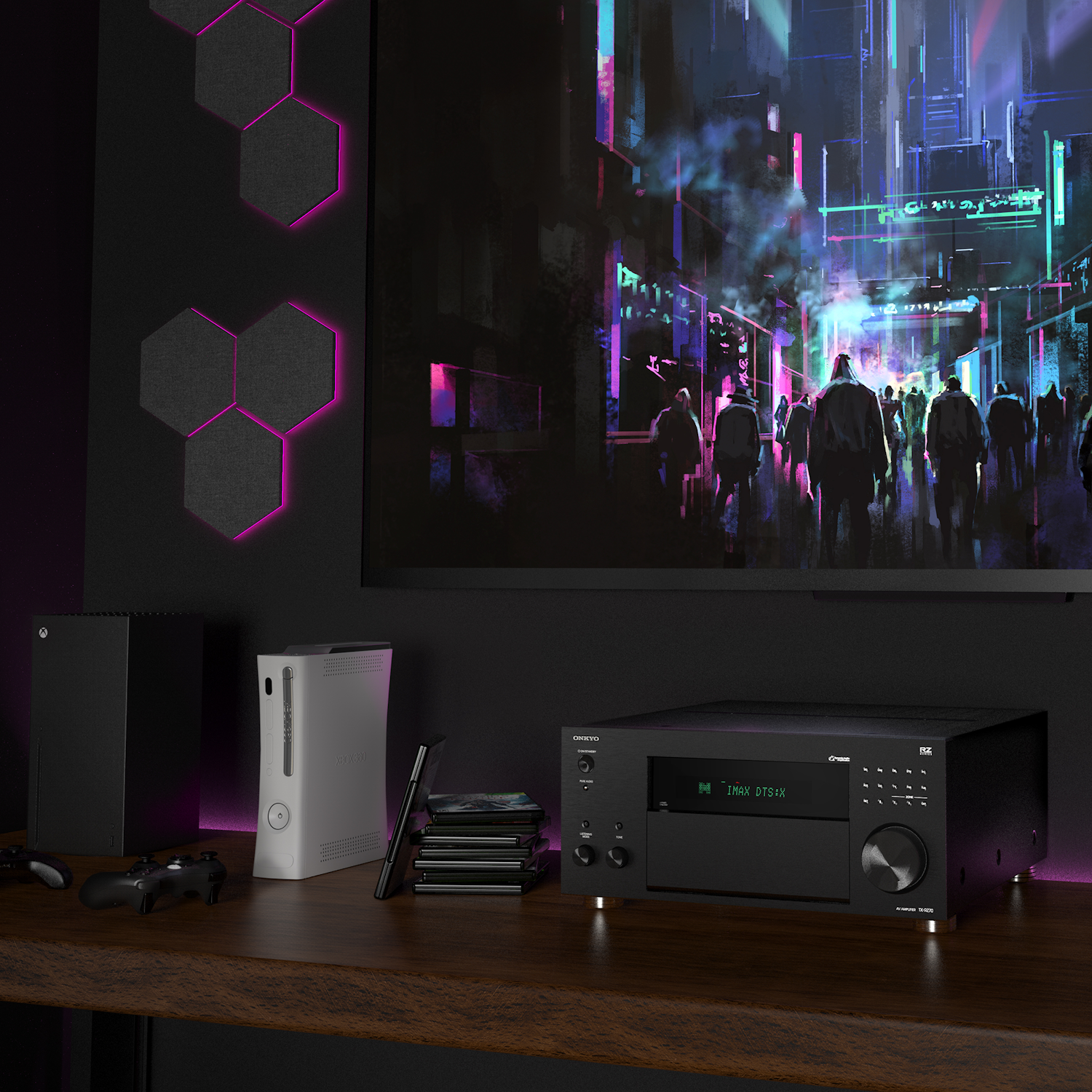 TX RZ70 Gaming Console Below TV with Futuristic City Game 2000x2000