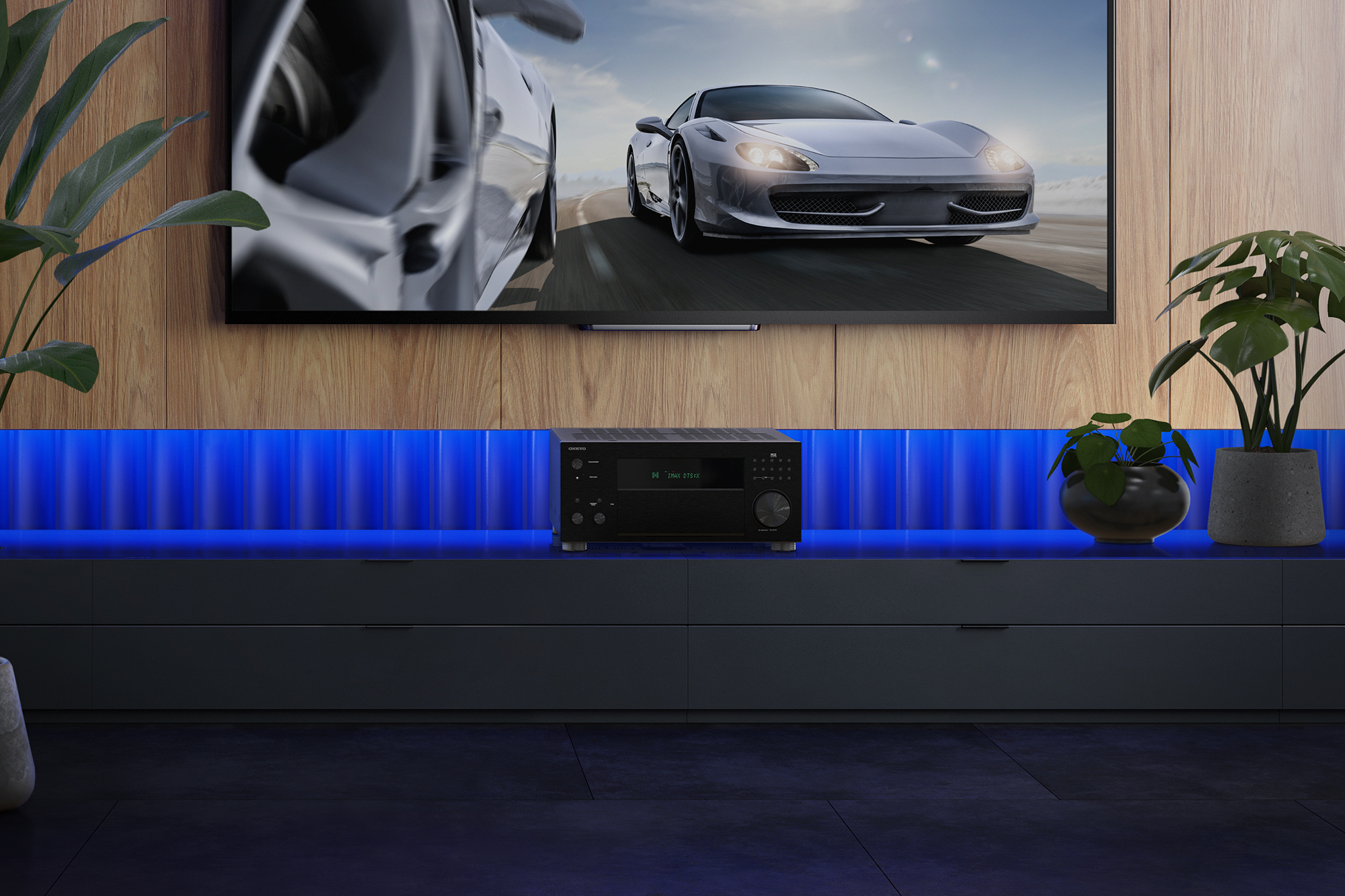 TX RZ70 On Media Console with Plants Blue Light Behind 2000x1333